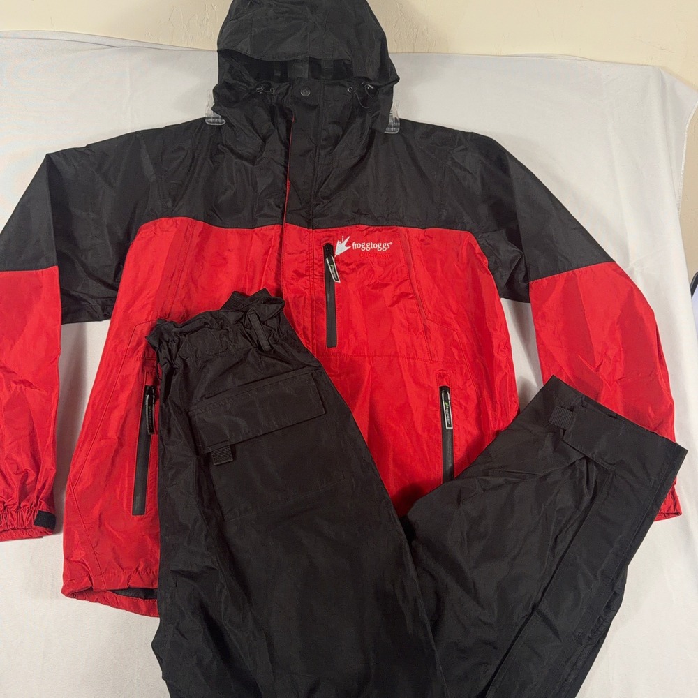 Frogg Toggs Rain Suit Hooded Jacket and Pants Set Red Black Mens Size M